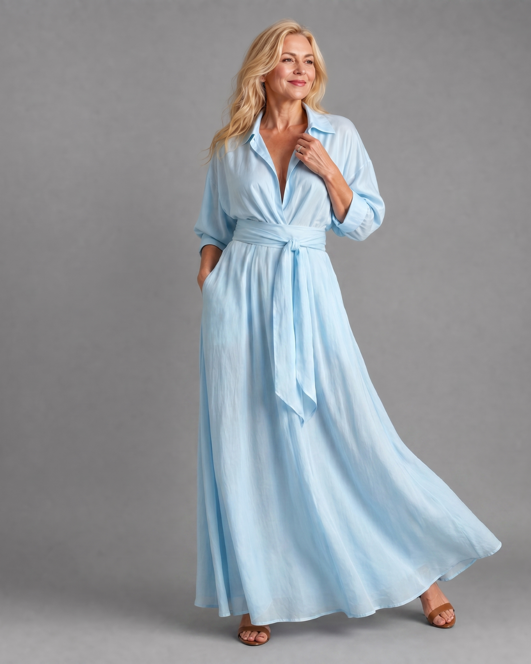 Zelith | Robe Midi Longue à Manches Longues avec Ceinture et Col