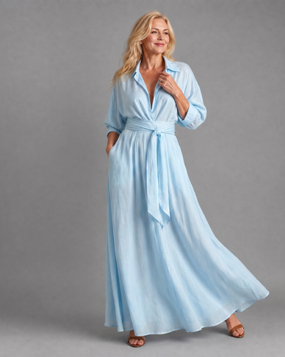 Zelith | Robe Midi Longue à Manches Longues avec Ceinture et Col
