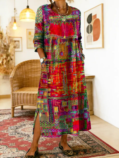 Manuela | Robe Imprimée avec Patchwork Ethnique