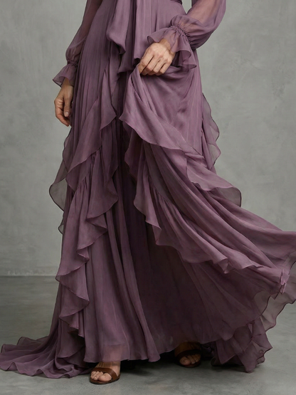 Demetria | Robe Maxi à Col Nœud et Volants