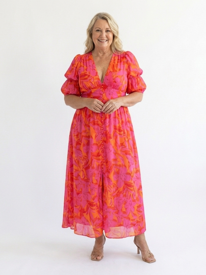 Willow | Robe Midi à Manches Bouffantes en V Floral