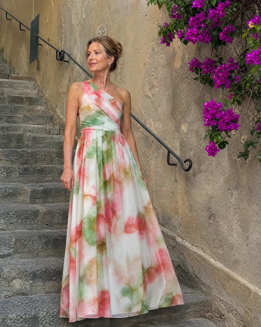 Olene | Robe Maxi Fluide à Une Épaule en Aquarelle