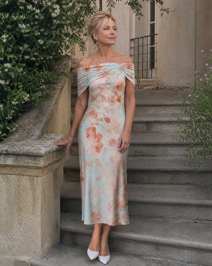 Imore | Robe Midi Ajustée à Fleurs Douces à Épaules Dégagées