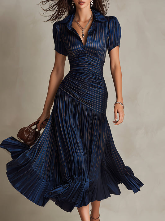 Adriana - Robe Midi en Satin Rayée Rétro