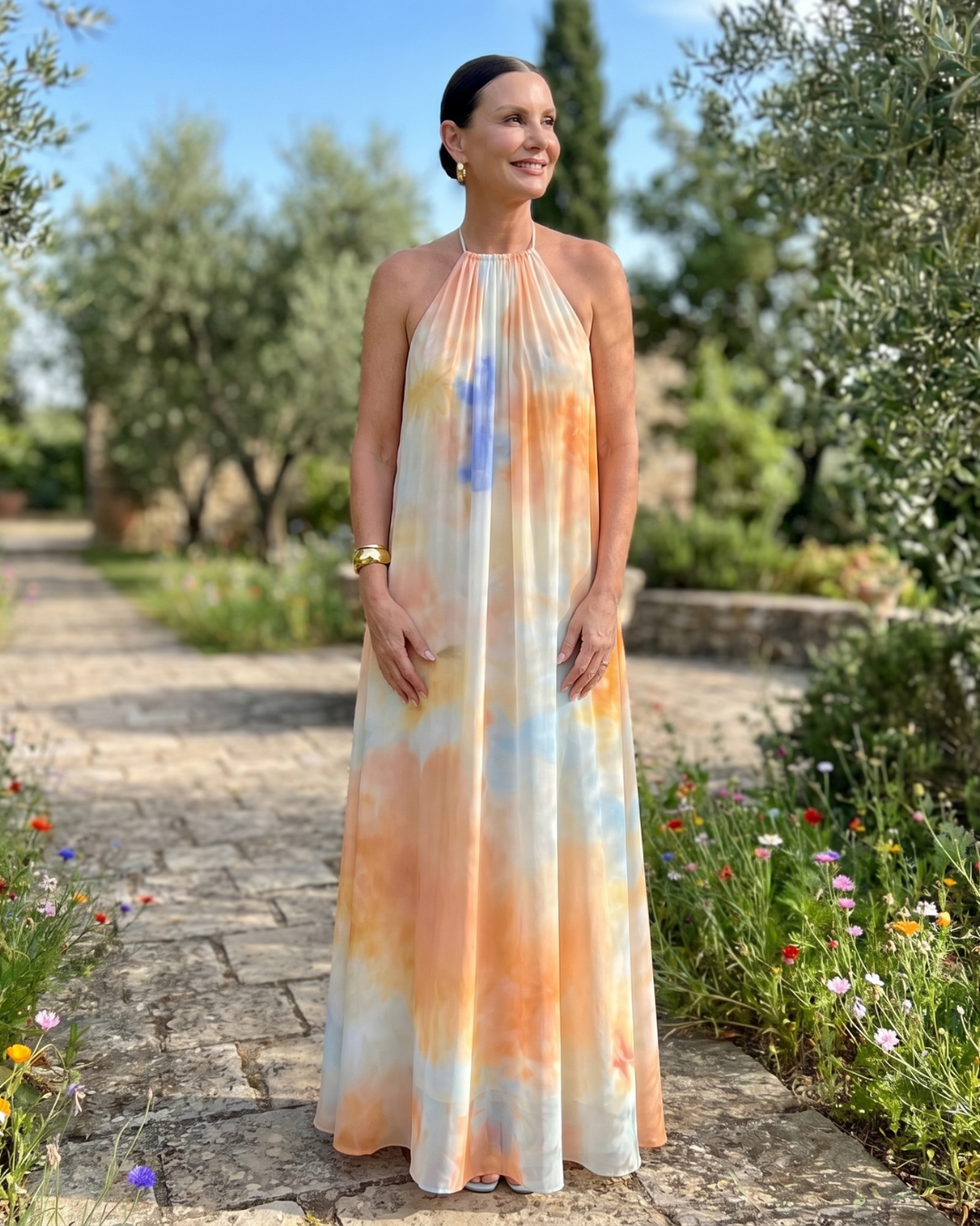 Eloque | Robe Maxi Fluide à Col Halter Aquarelle