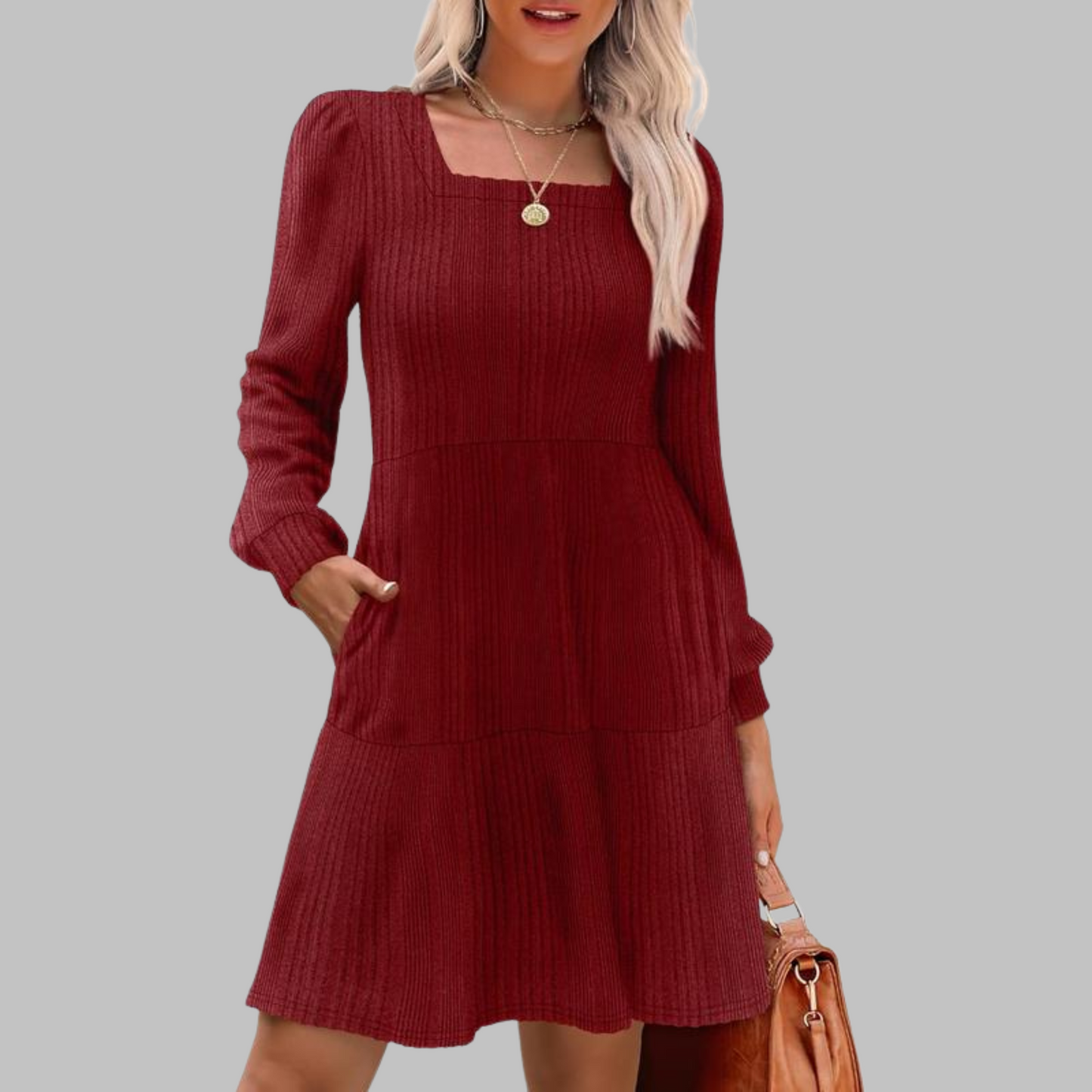 ULAN™ - Robe midi décontractée à manches longues et col carré