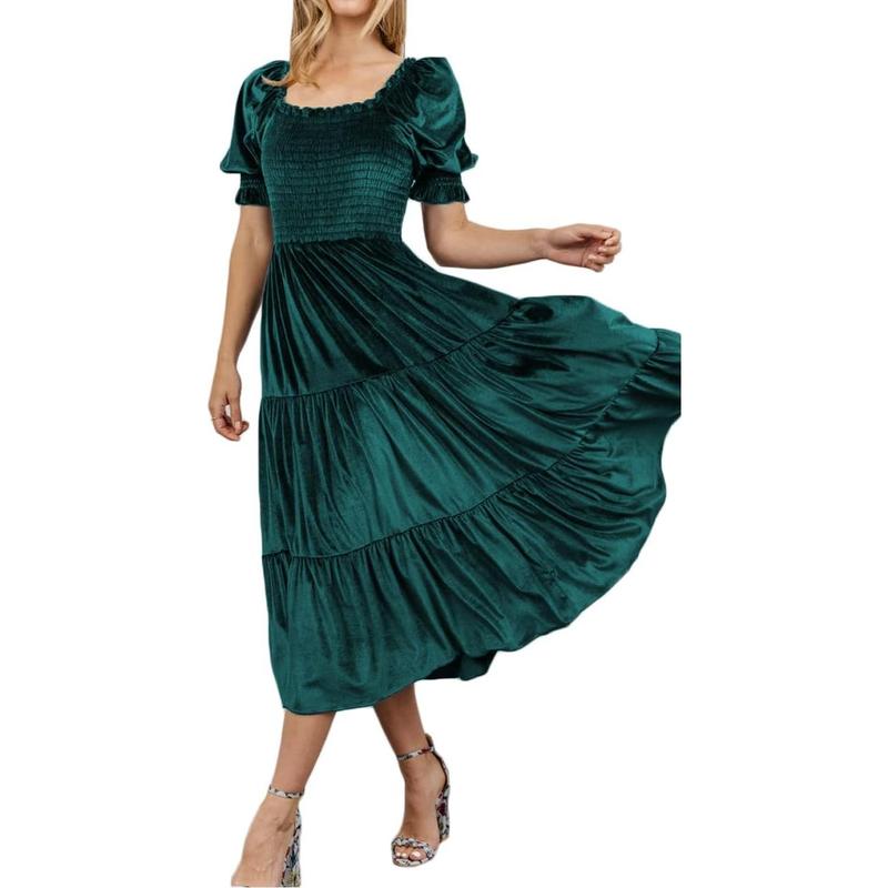 AUDREY™ - Robe Midi Trapèze à Col Carré et Manches Bouffantes pour Toutes Les Occasions