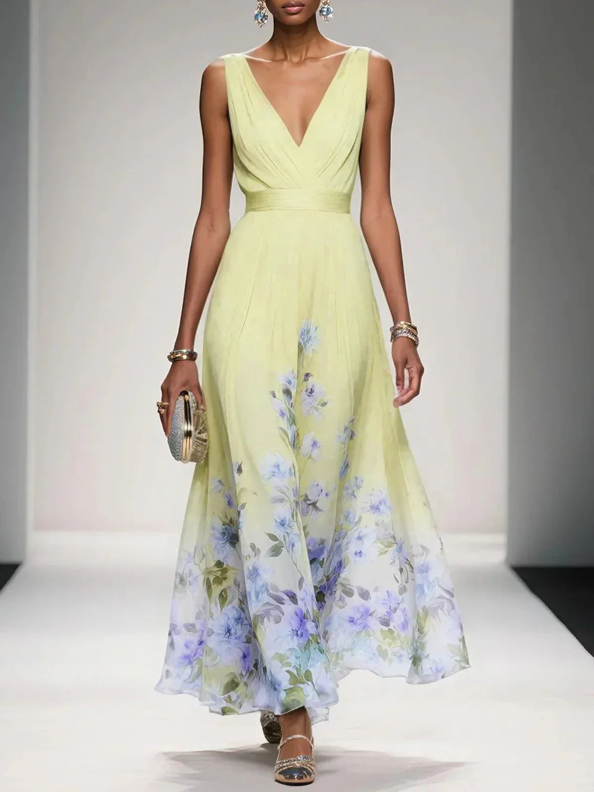 Rose | Robe Maxi Chiffon Fleurie Bleu Clair à Décolleté en V