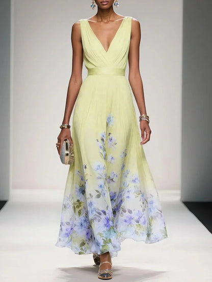 Rose | Robe Maxi Chiffon Fleurie Bleu Clair à Décolleté en V