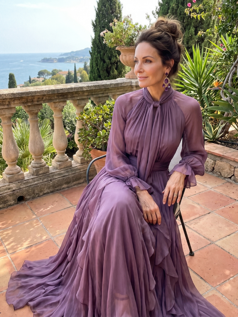 Demetria | Robe Maxi à Col Nœud et Volants