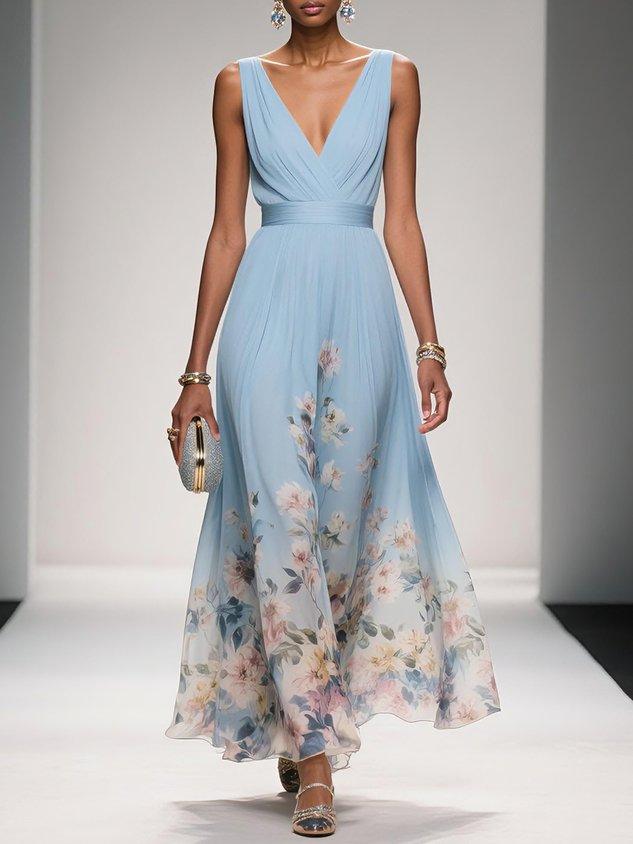 Rose | Robe Maxi Chiffon Fleurie Bleu Clair à Décolleté en V