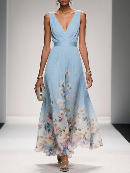 Rose | Robe Maxi Chiffon Fleurie Bleu Clair à Décolleté en V