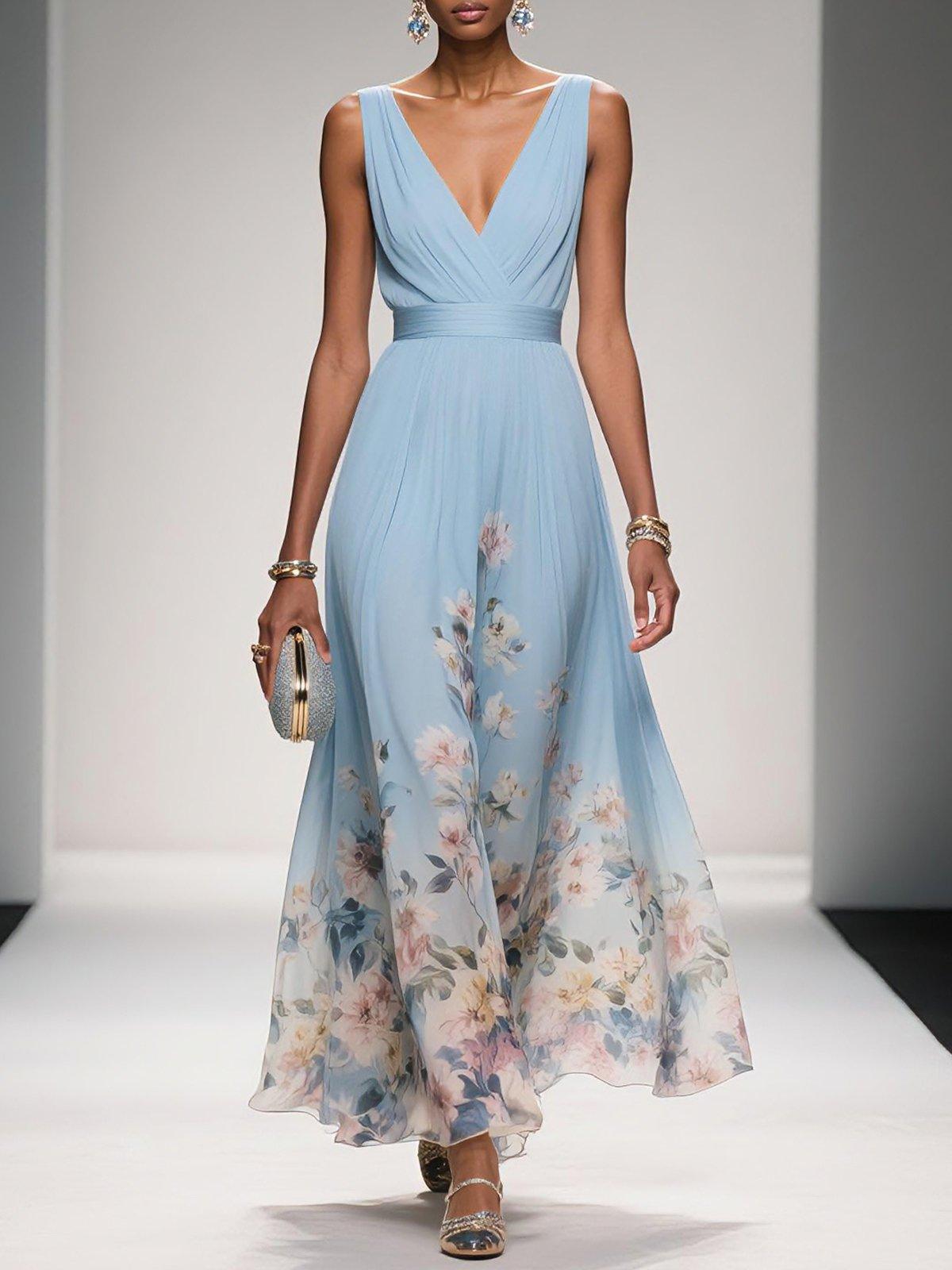 Rose | Robe Maxi Chiffon Fleurie Bleu Clair à Décolleté en V