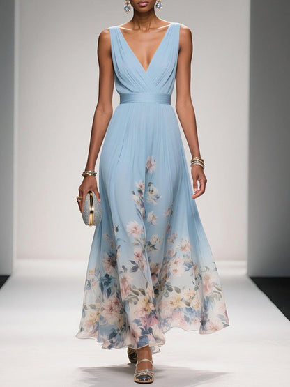 Rose | Robe Maxi Chiffon Fleurie Bleu Clair à Décolleté en V