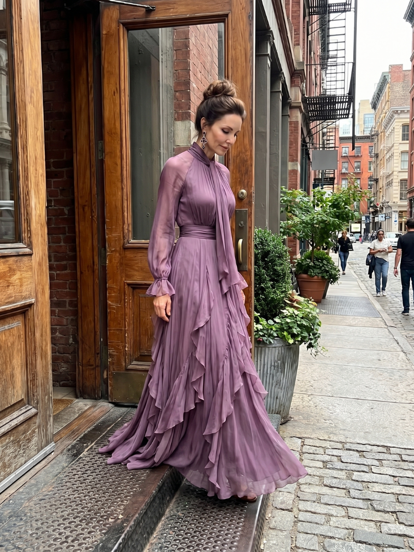 Demetria | Robe Maxi à Col Nœud et Volants