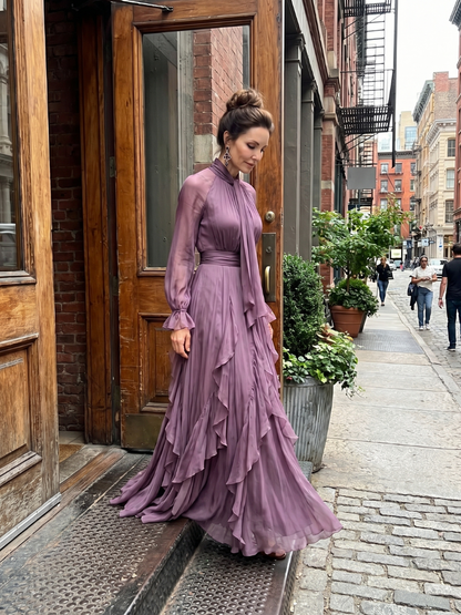 Demetria | Robe Maxi à Col Nœud et Volants