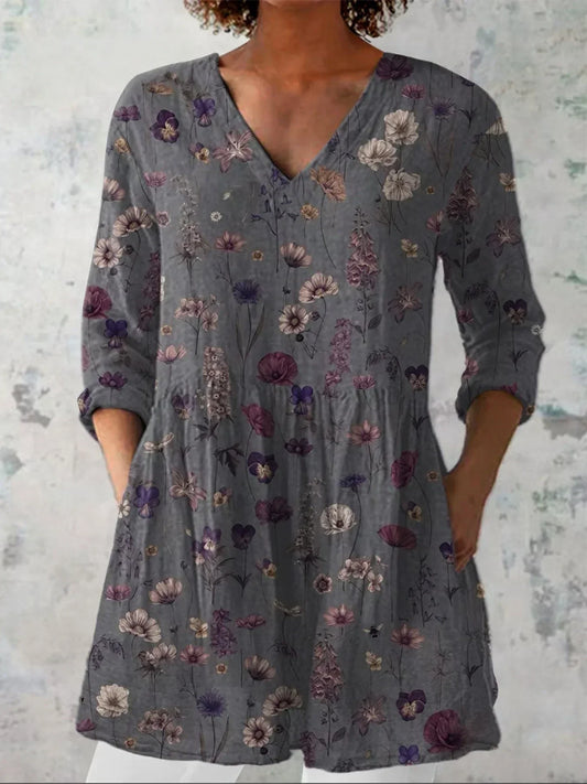 Chemise en Lin à V Col Art Floral pour Femmes