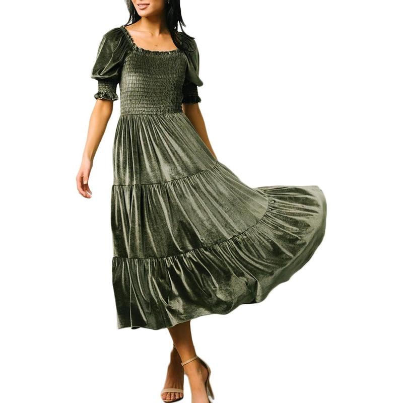 AUDREY™ - Robe Midi Trapèze à Col Carré et Manches Bouffantes pour Toutes Les Occasions