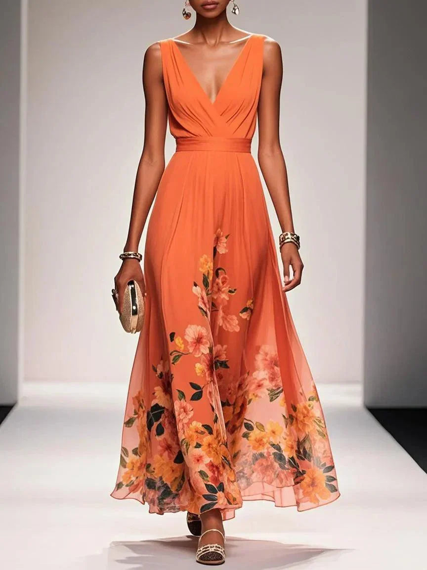 Rose | Robe Maxi Chiffon Fleurie Bleu Clair à Décolleté en V