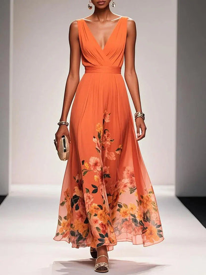 Rose | Robe Maxi Chiffon Fleurie Bleu Clair à Décolleté en V