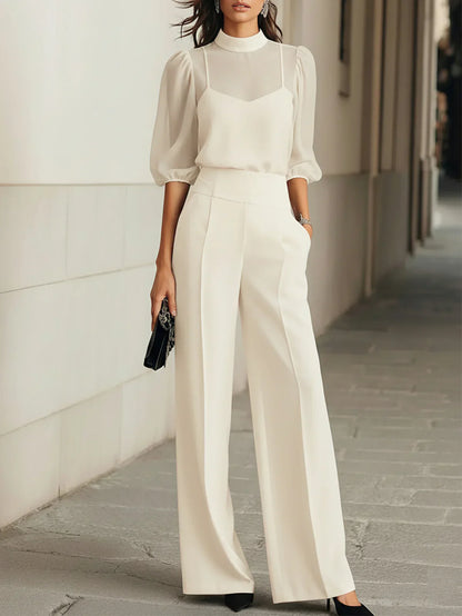 Ensemble de trois pièces : débardeur noir transparent et pantalon à jambes larges