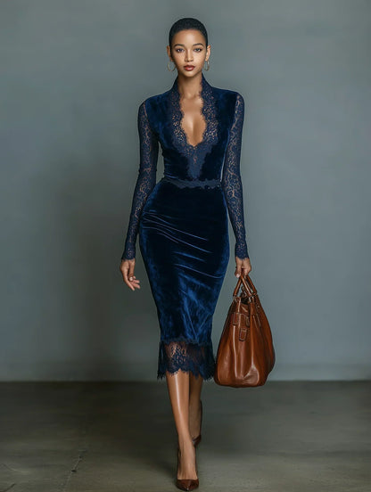 Robe Midi Slim-fit en Velours Bleu Foncé Élégante et à la Mode pour Femmes avec Encolure en Dentelle et Manches