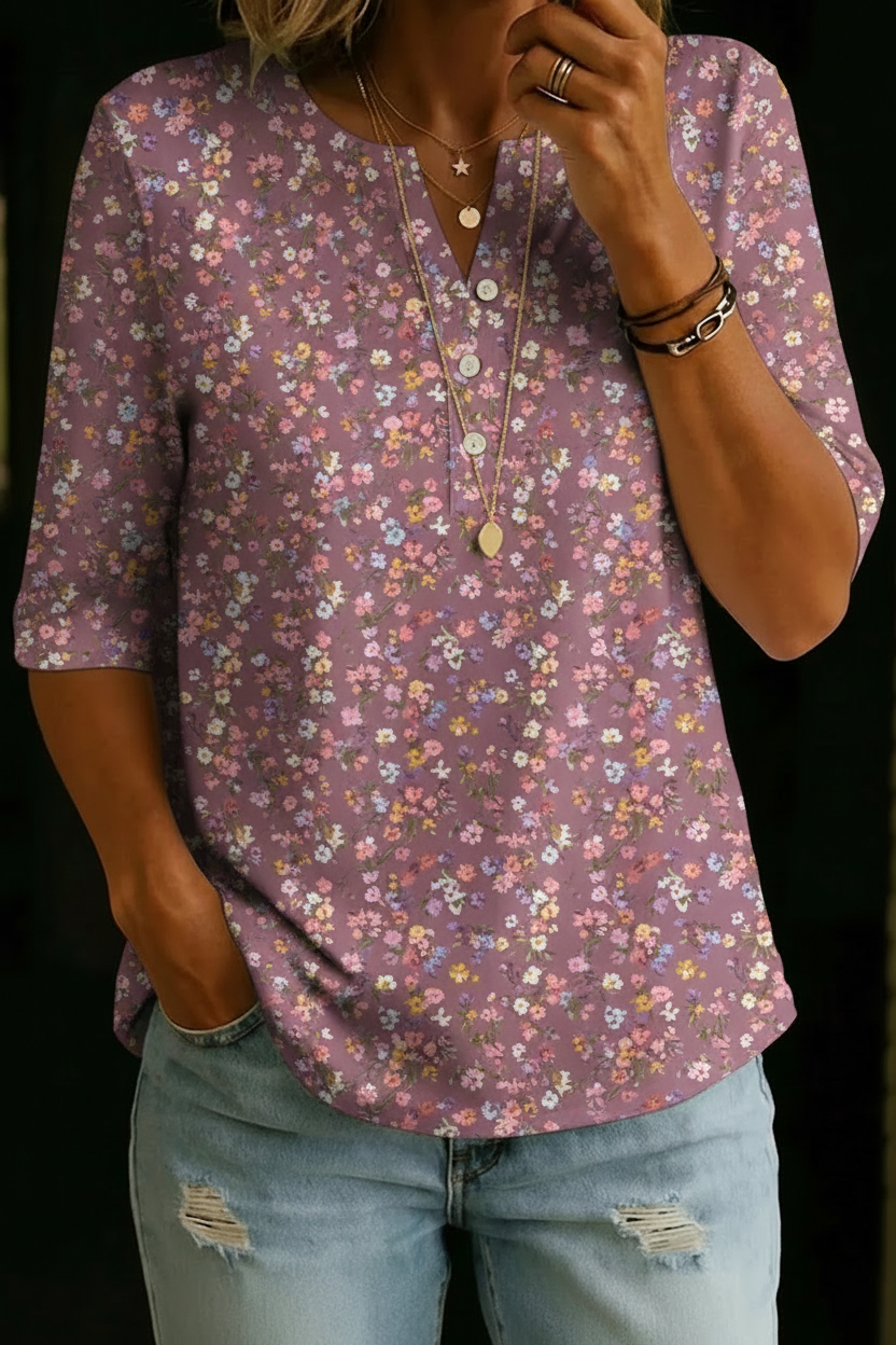 Haut en Coton Henley Vintage à Imprimé Floral pour Femmes à Manches Mi-Longues