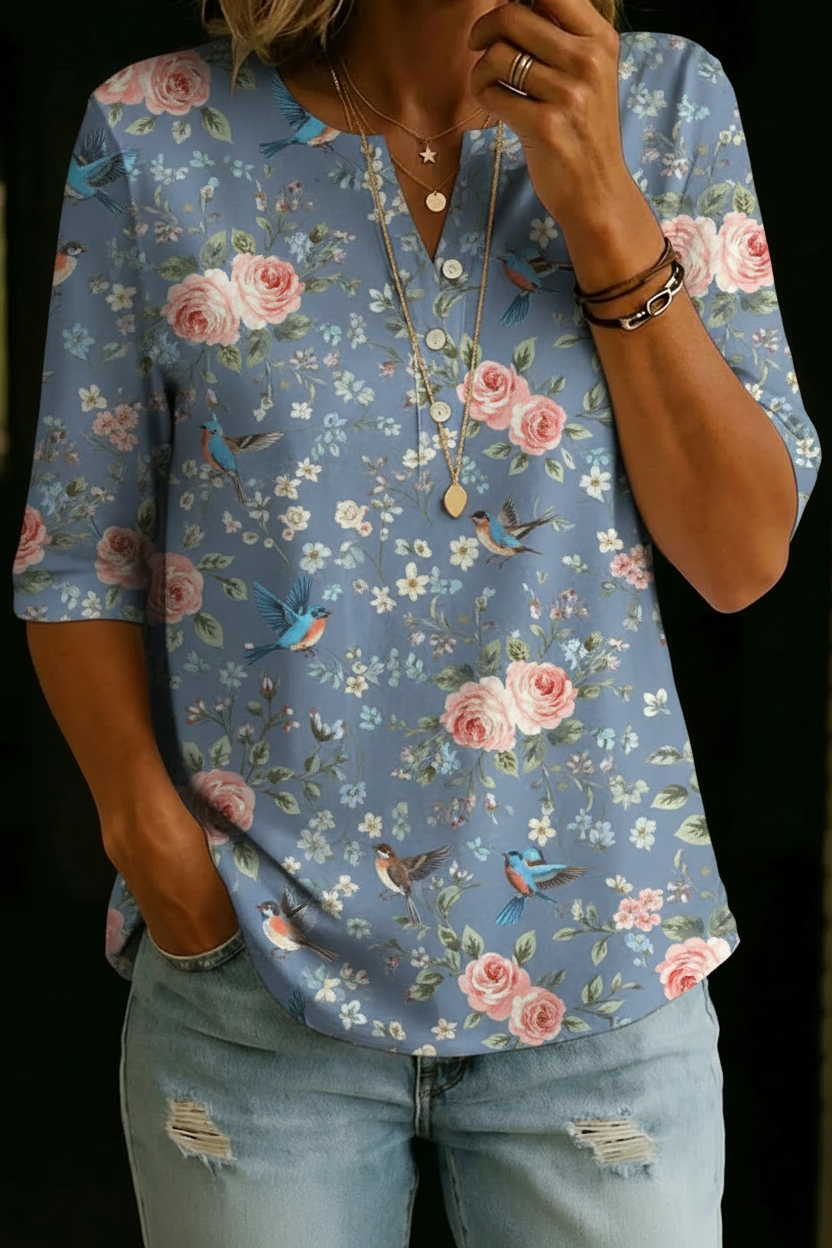 Haut en Coton Henley Vintage à Imprimé Floral pour Femmes à Manches Mi-Longues