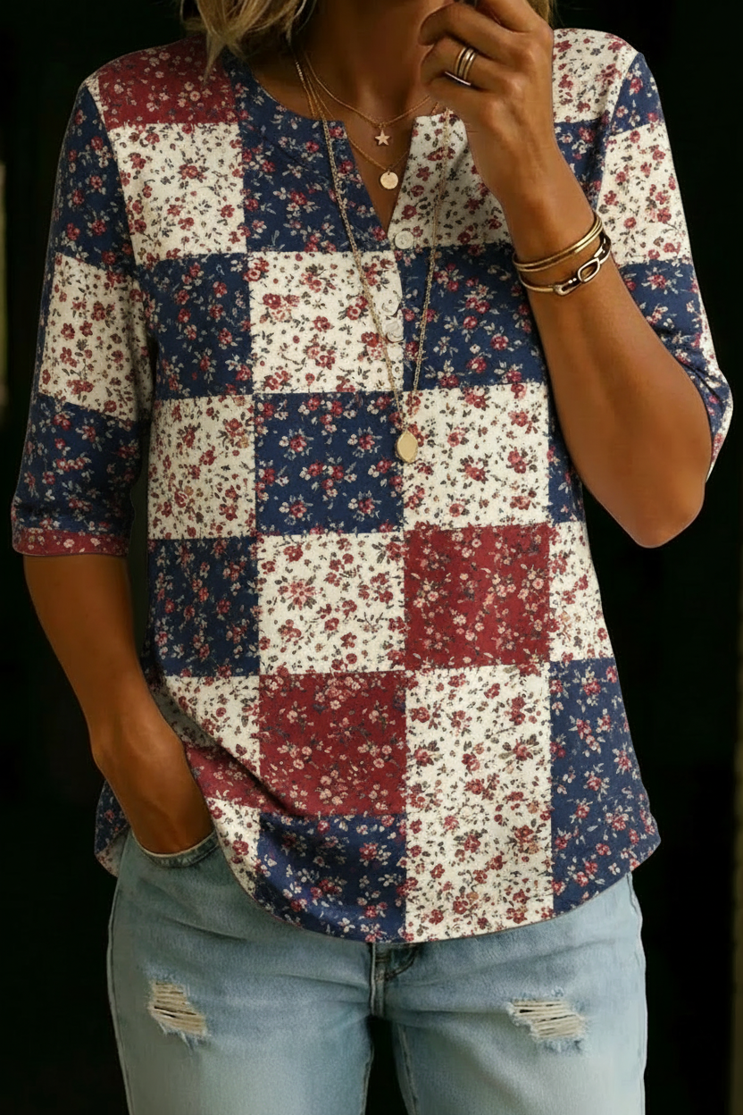 Haut en mélange coton à demi-manches, imprimé floral patchwork bourgogne marine pour femmes