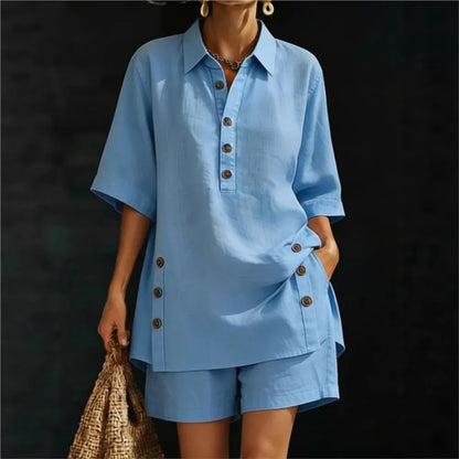 Solena | Chemise courte à manches courtes avec col à revers et pantalons avec poches fendues