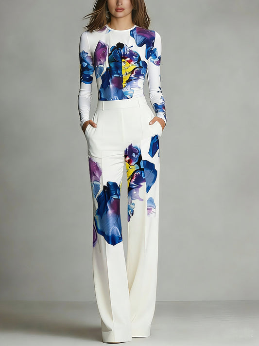 Ensemble Haut et Pantalon à Col Ronde en Coloris Sienna