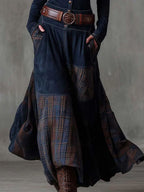 Leonora | Vintage Long Dress in Navy Blue Suede Check (Includes Belt)