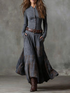 Leonora | Vintage Long Dress in Navy Blue Suede Check (Includes Belt)