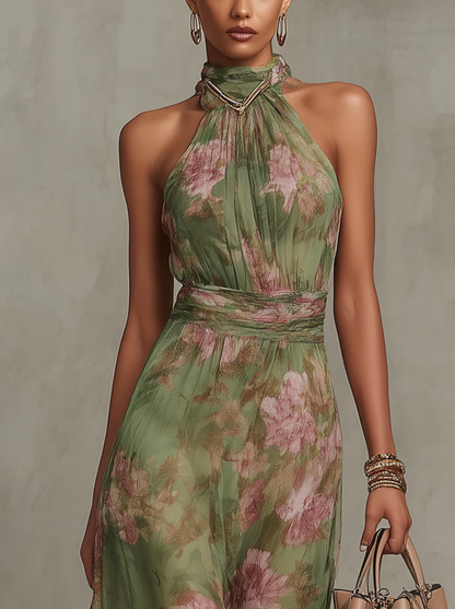 Serena ∙ Robe longue verte à fleurs en chiffon avec décolleté halter