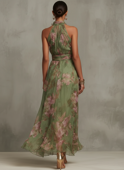 Serena ∙ Robe longue verte à fleurs en chiffon avec décolleté halter
