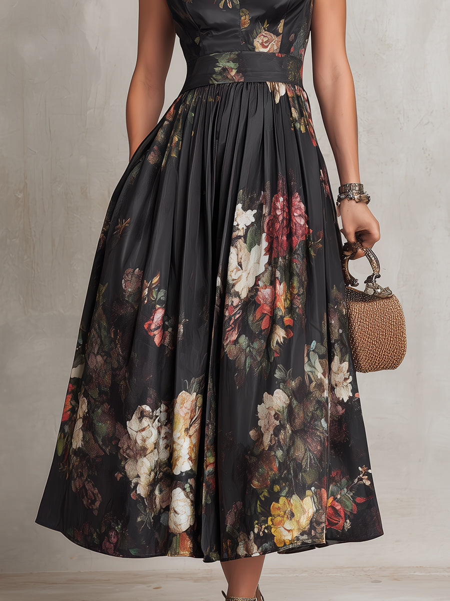 Violetta - Robe Midi Noire en Satin Plissé avec Motif Floral et Décolleté en Fente
