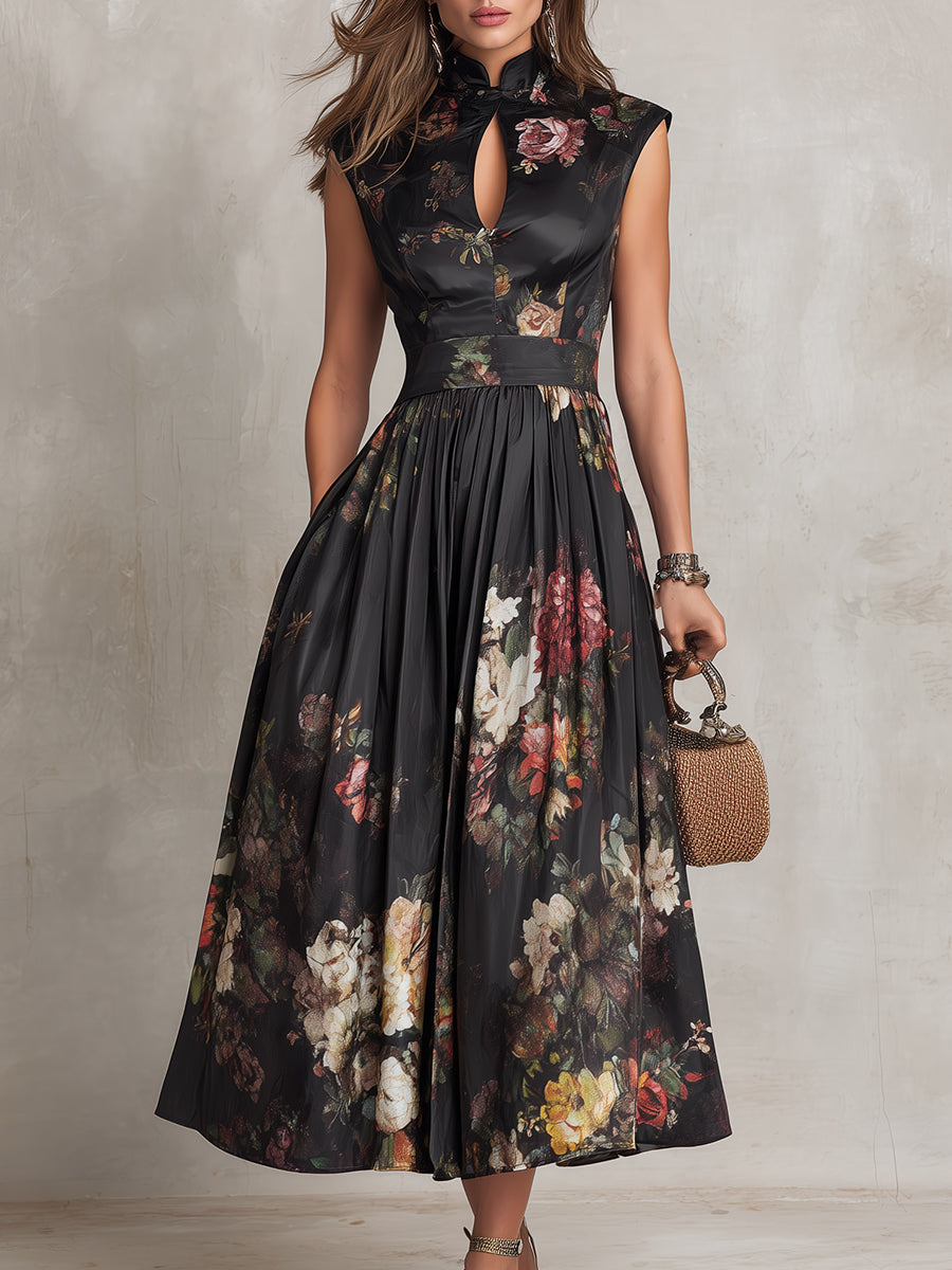 Violetta - Robe Midi Noire en Satin Plissé avec Motif Floral et Décolleté en Fente