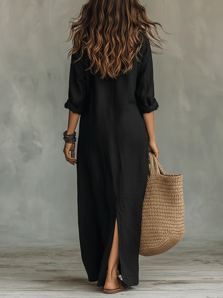 Soline™ | Robe maxi noire avec boutons