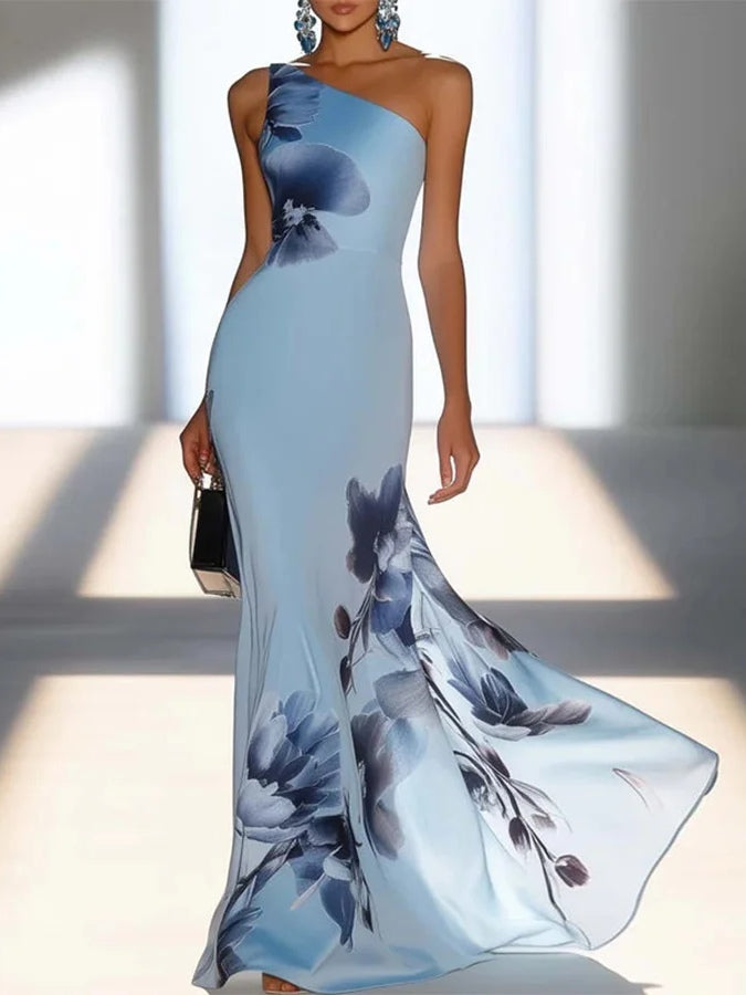 Victoria | Robe Maxi Imprimée Satinée à Épaules Dénudées