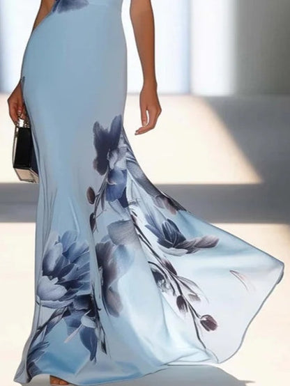 Victoria | Robe Maxi Imprimée Satinée à Épaules Dénudées