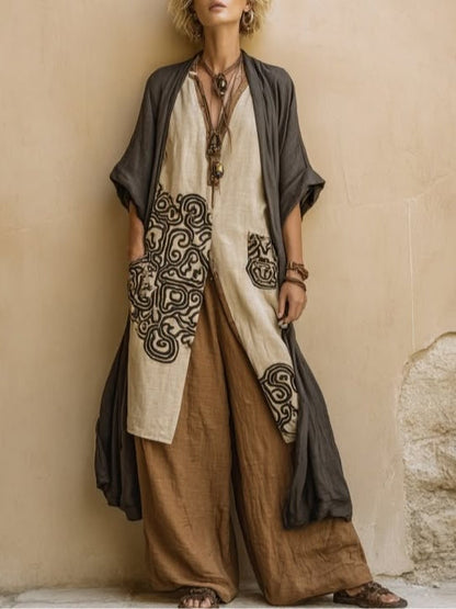 Giulia - Ensemble Bohémien Nomade en Trois Pièces en Gris Foncé et Marron avec Motif Tribal