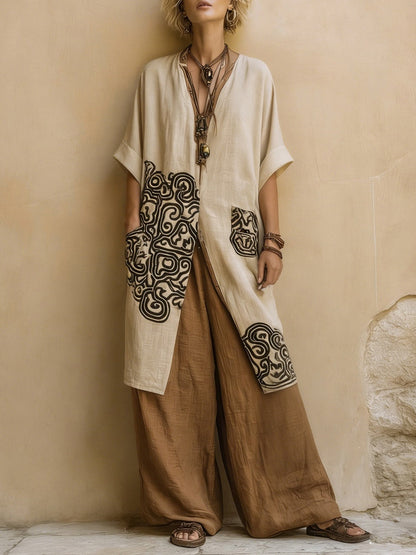 Giulia - Ensemble Bohémien Nomade en Trois Pièces en Gris Foncé et Marron avec Motif Tribal
