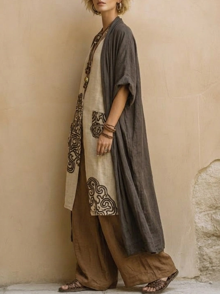 Giulia - Ensemble Bohémien Nomade en Trois Pièces en Gris Foncé et Marron avec Motif Tribal