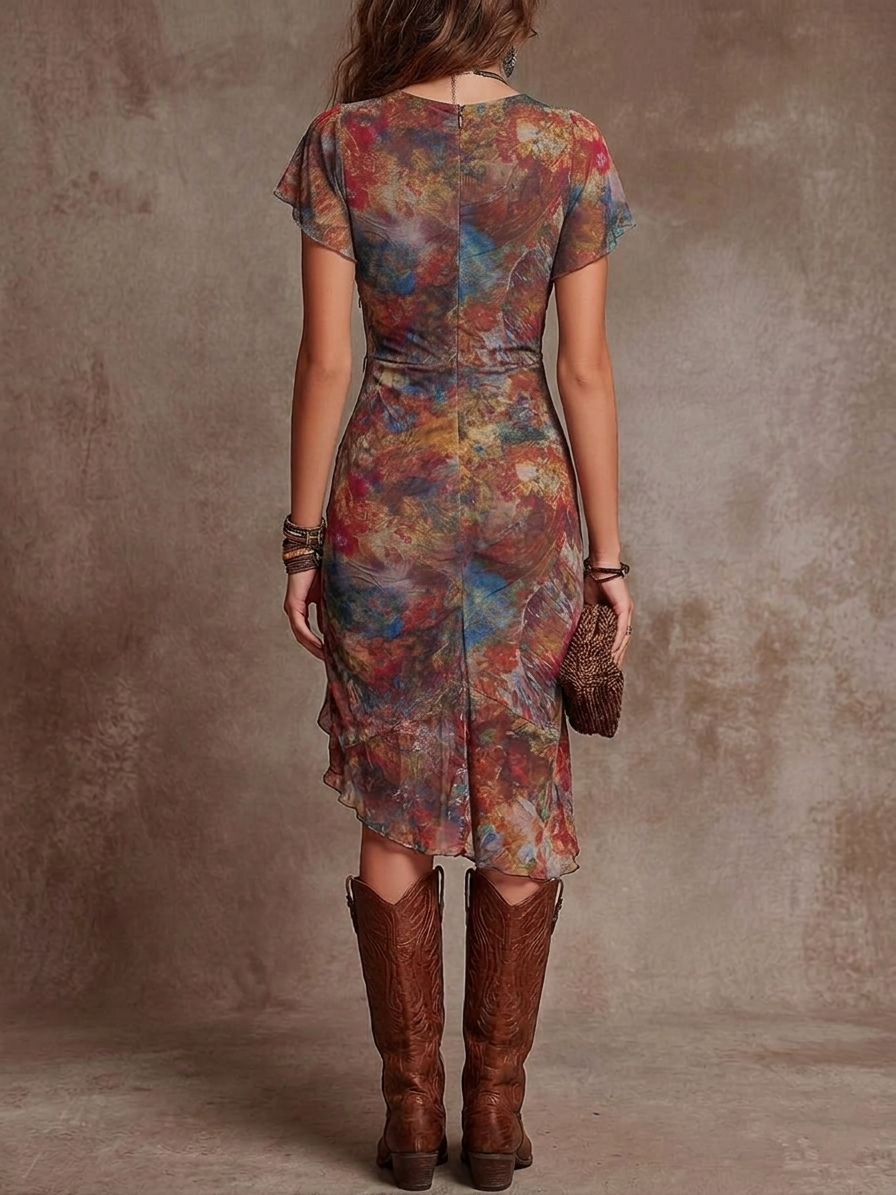 Judy | Robe Midi Plissée V-Neck Boho Chic
