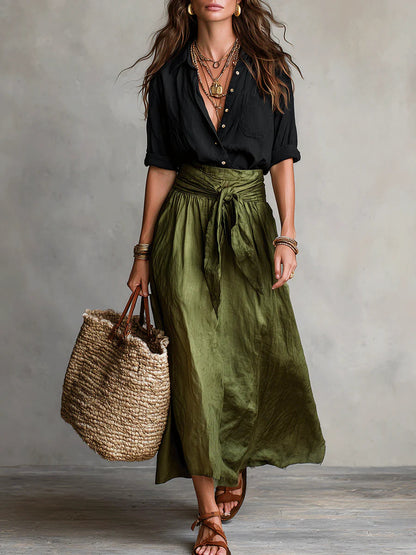 Vera | Ensemble robe midi en satin avec blouse assortie