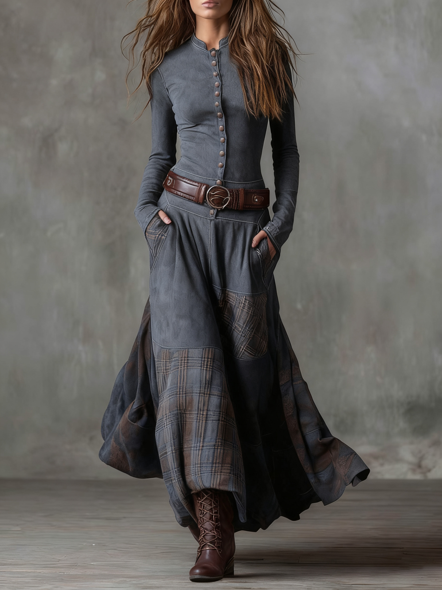 Helena | Robe longue en daim bleu marine