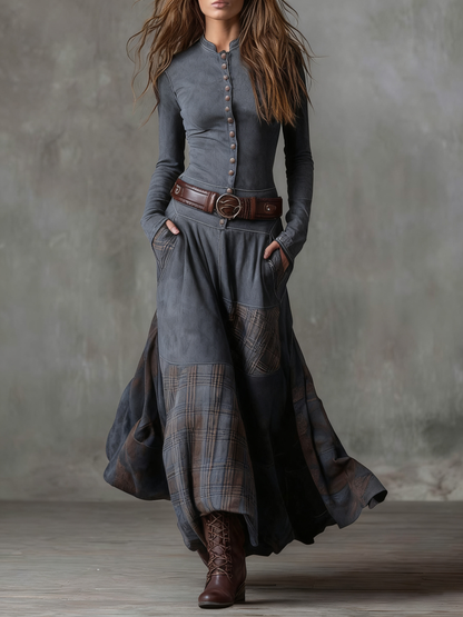 Helena | Robe longue en daim bleu marine