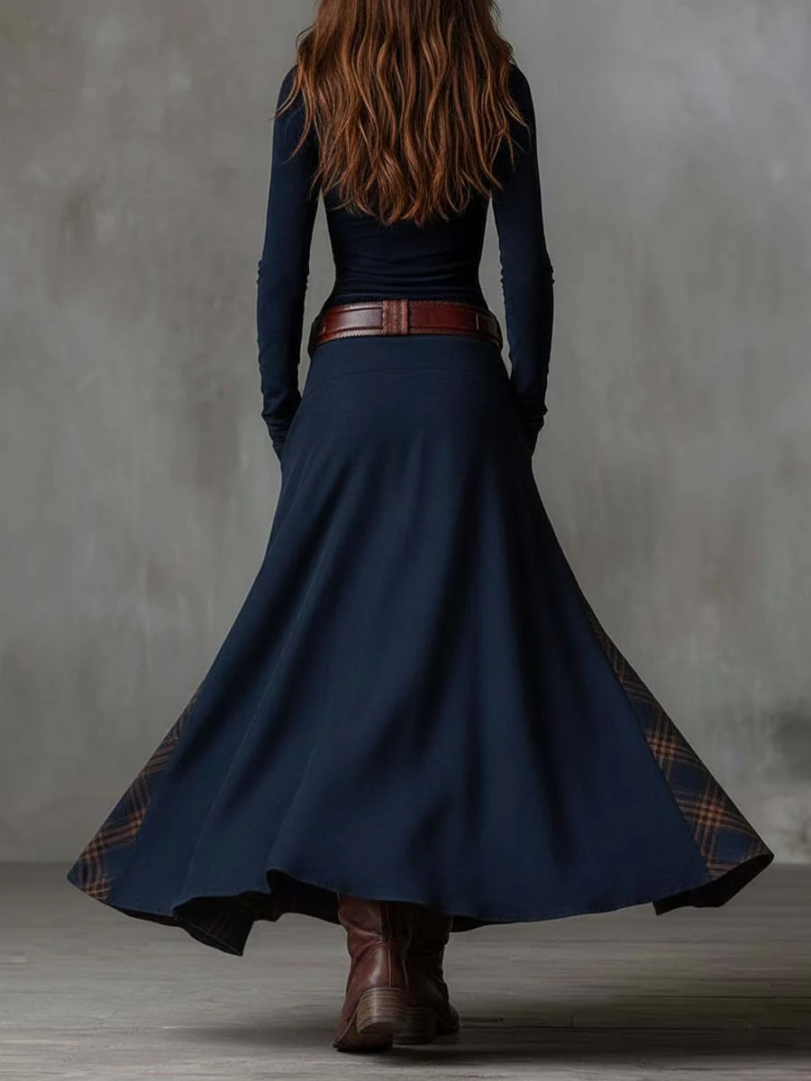 Helena | Robe longue en daim bleu marine