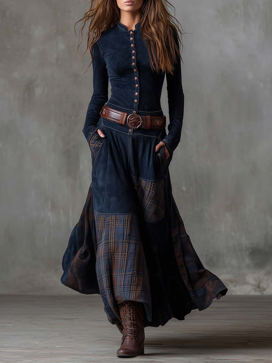 Helena | Robe longue en daim bleu marine