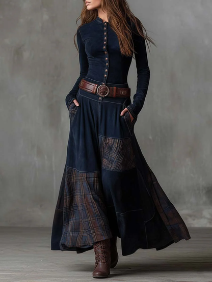 Helena | Robe longue en daim bleu marine